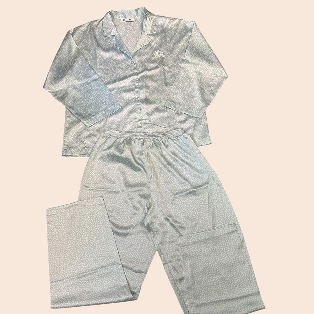 Christian Dior Vintage Silky Satin Powder Blue Speckled 2 Pc Pajama Set Medium